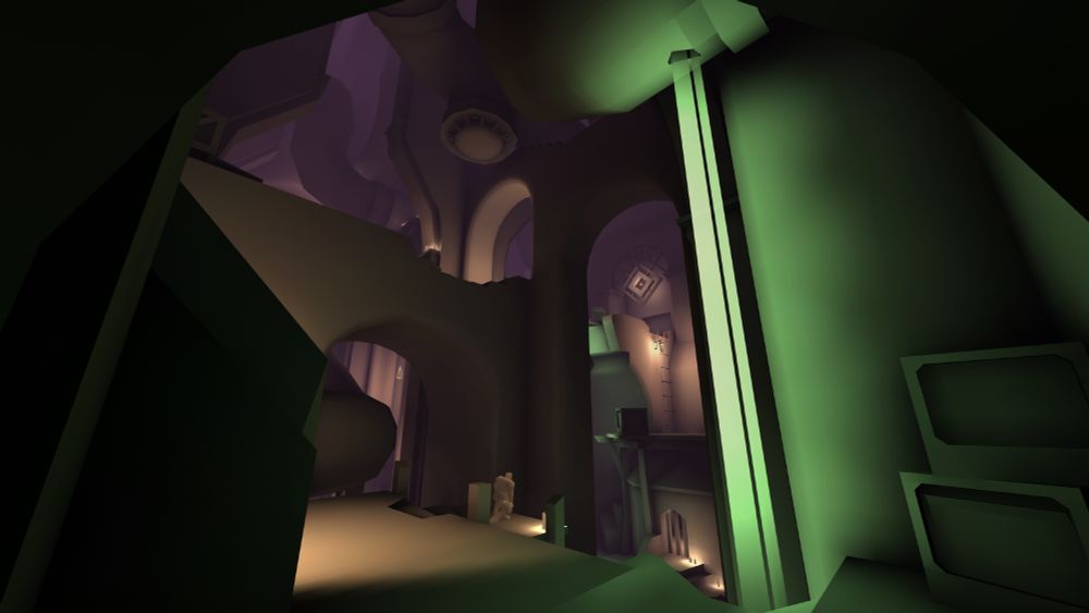 A lightmap-only screenshot of a Quake map featuring arches overlapping arches, pipes, purple fog, and sludge.