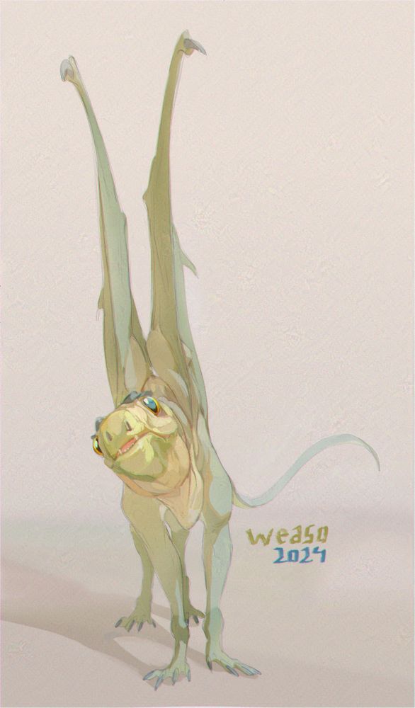 A green dragon looking at you (yes, you specifically), viewed from the front
It has 2 big yellow eyes with black pupils on the sides of its face. Its mouth is very slightly open, it's possible to see some teeth