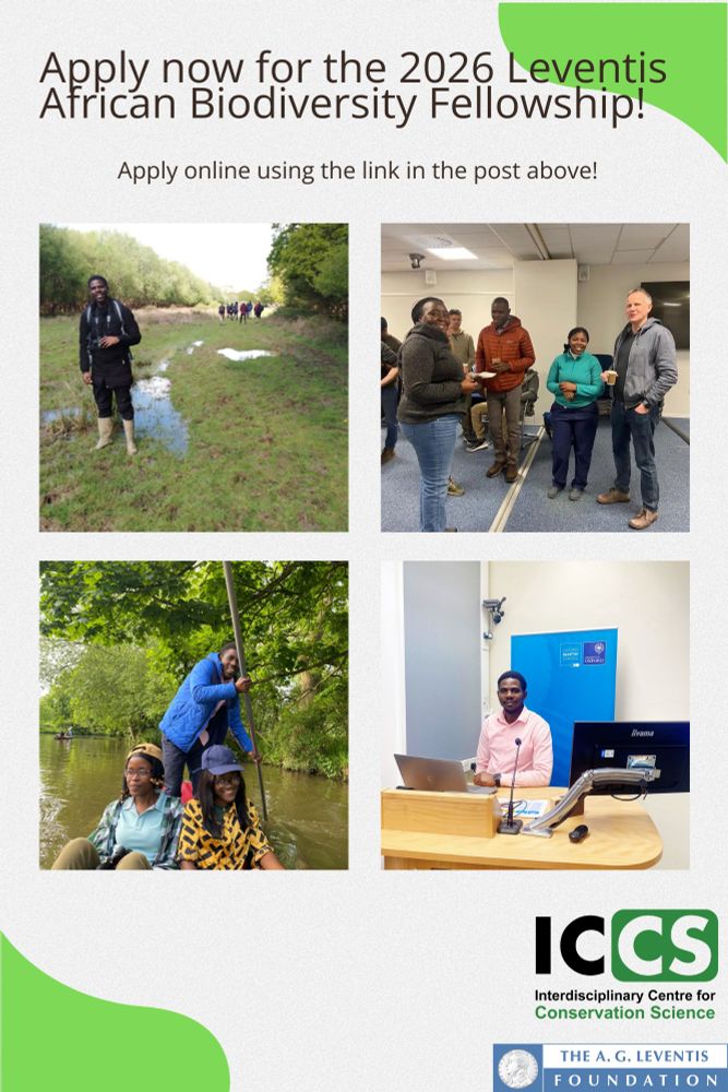 A poster with brown text on a pale background. The text reads 'Apply now for the 2026 Leventis African Biodiversity Fellowship!' and 'Apply online using the link in the post above!' There are four images of previous African Biodiversity fellows in a grid below the text.