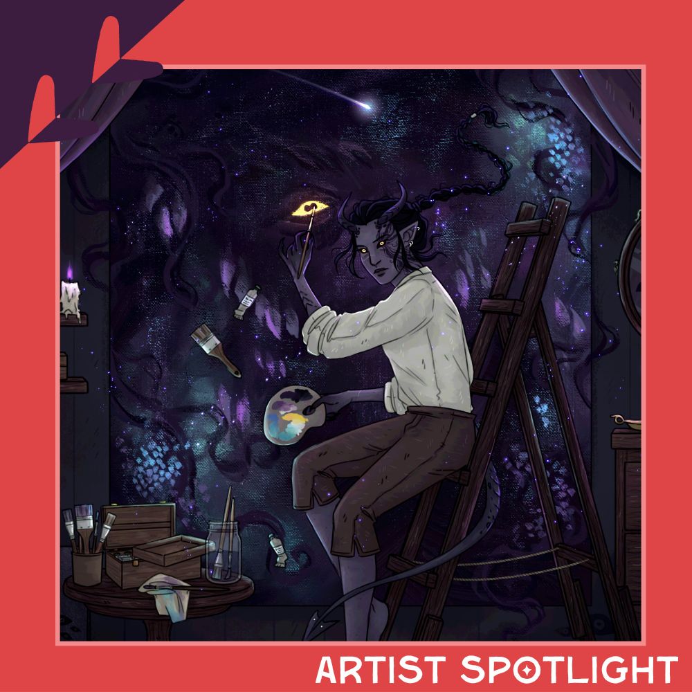 red background with "artist spotlight" at the bottom right corner. the featured art is of a purple tiefling with long black braided hair, paintindg an iridescent dark purple dragon with yellow eyes