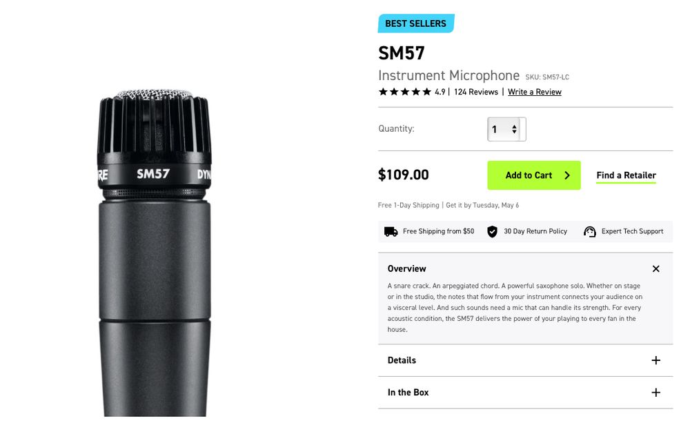 Screen shot of the Shure web store showing the SM57 being sold for $109. 