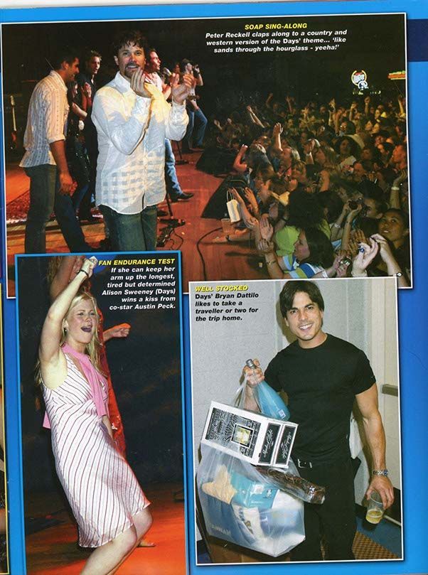 Collage of three photos from a Days of Our Lives fan event. The top image shows Peter Reckell clapping along to a country and western version of the show's theme song, with fans cheering. The bottom left photo features Alison Sweeney in a fan endurance test, raising her arm to win a kiss from co-star Austin Peck. The bottom right photo captures Bryan Dattilo carrying a bag and drinks, preparing for his trip home.