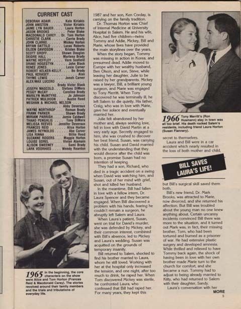 Magazine page continuing the Days of Our Lives history feature, with two black-and-white photos from 1965 and 1966. One shows Macdonald Carey and Frances Reid reading a script, the other features Ron Hausmann and Susan Flannery in a romantic scene. A sidebar titled “Bill Saves Laura’s Life!” recounts a dramatic medical storyline. The page also includes a “Current Cast” list with actor names and roles. Emotional tone is dramatic and reflective, bridging early soap storytelling with 1990s continuity.
