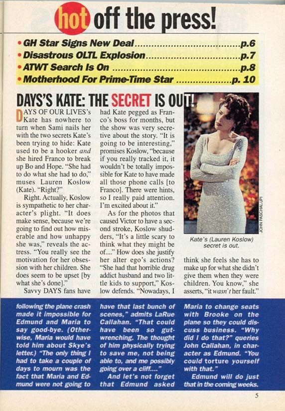  Soap Opera Digest article titled “DAYS’S KATE: THE SECRET IS OUT!” featuring Lauren Koslow as Kate Roberts. Full-body photo shows her in a shimmering silver gown with long sleeves, standing against a dark, elegant backdrop. Text reveals storyline secrets and character motivations. Bright red and yellow headline accents add dramatic flair.