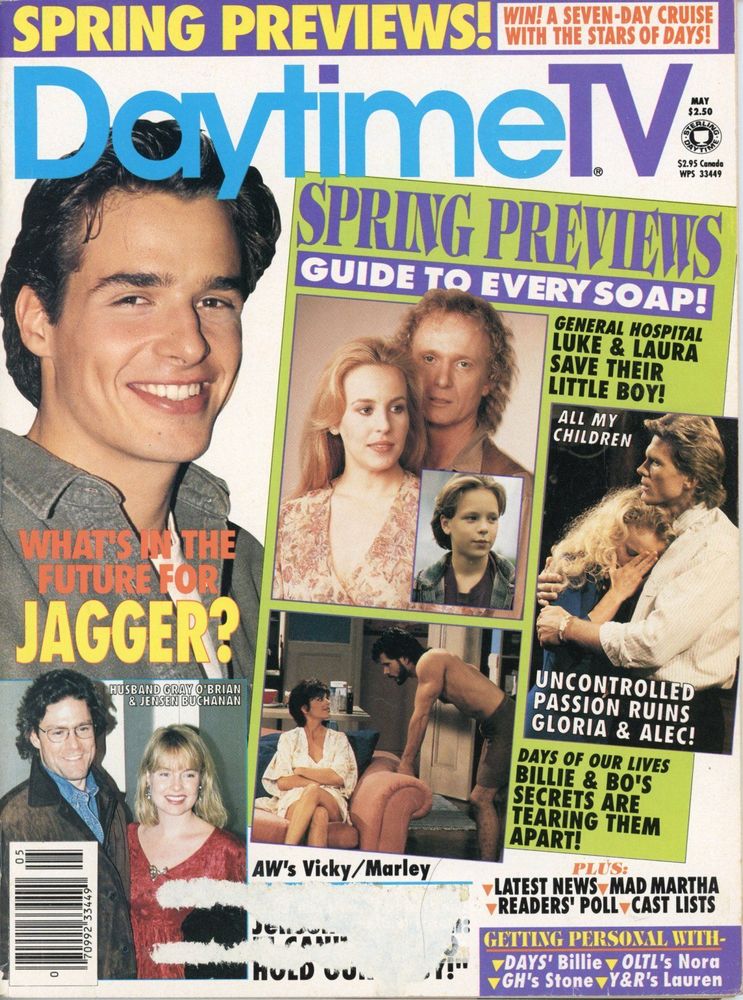 A vibrant magazine cover from Daytime TV, dated May 1994. The headline reads “SPRING PREVIEWS! GUIDE TO EVERY SOAP!” with subheadings for General Hospital, All My Children, Days of Our Lives, and more. A large photo of “Jagger” (Antonio Sabàto Jr.) dominates the cover, smiling in a casual pose. Smaller inset images feature AW’s Vicky/Marley. The layout is bold and colorful, evoking excitement and fan anticipation. The tone is energetic and dramatic, reflecting the soap world’s seasonal shake-ups

