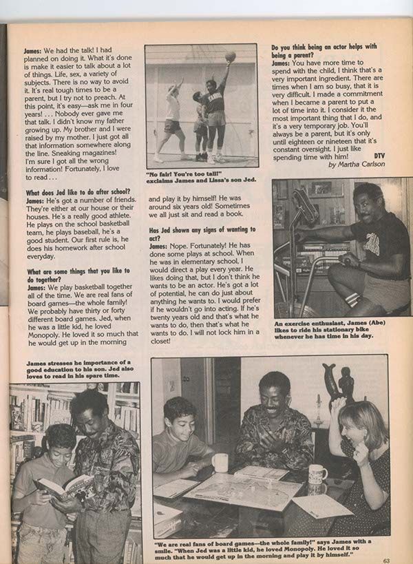 Second page of a magazine feature spotlighting James Reynolds’s reflections on parenthood and family life. The layout includes multiple candid photos: James playing basketball with his son, reading with his family, riding a stationary bike, and playing board games. Interview excerpts delve into parenting challenges, the importance of communication, and bonding through shared activities, offering an intimate glimpse into the actor’s off-screen life and values.