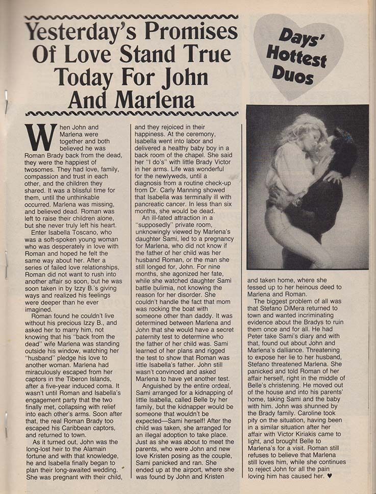 Magazine article titled “Yesterday’s Promises Of Love Stand True Today For John And Marlena,” featuring a black-and-white promo photo of Deidre Hall and Drake Hogestyn embracing and kissing. Deidre wears a soft blouse, her hair styled in voluminous waves, while Drake holds her close in a suit. The circular label reads “Days’ Hottest Duos.” The article recounts their affair, Marlena’s presumed death, dramatic returns, and emotional reunions. The tone is romantic and intense, celebrating their legacy as Days of Our Lives icons.