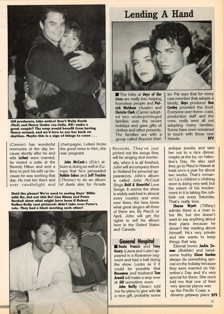 A split-page layout with two sections. Left: General Hospital updates featuring actors like Tony Geary and Mary Beth Evans, with romantic storyline teasers. Right: “Lending A Hand” highlights Days stars Kristian Alfonso and Peter Reckell volunteering to help the homeless, with mentions of Patsy Pease and others. The tone is heartfelt and socially conscious, blending soap drama with real-world compassion.

