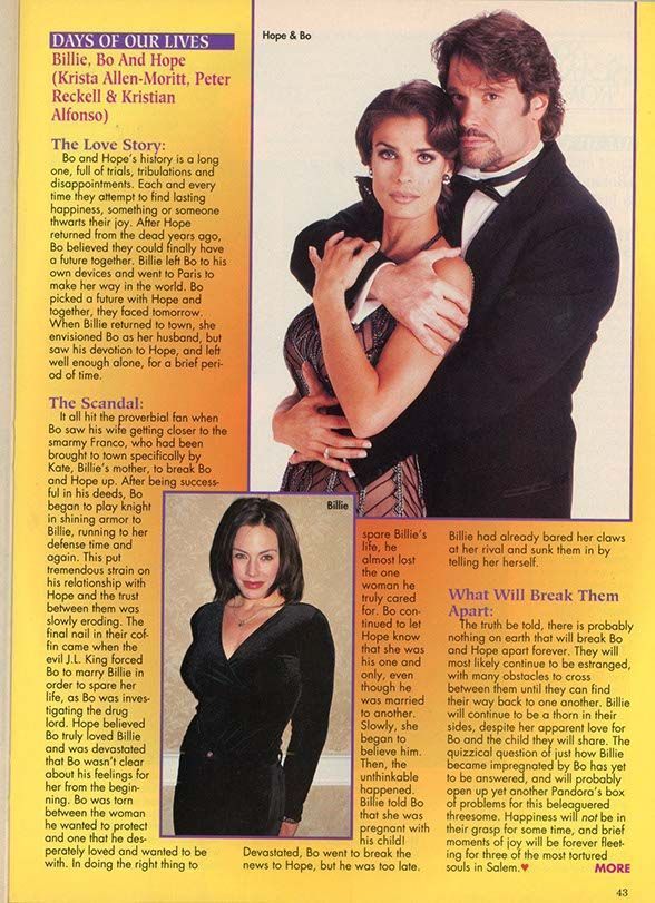 "Soap opera magazine article featuring 'Days of Our Lives' characters Billie, Bo, and Hope. Visual elements include Hope and Bo embracing romantically, and Billie dressed in black. The article explores themes of love, scandal, and relationship turmoil among the trio."