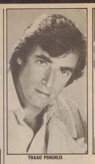 A vertically rotated black-and-white photograph of Thaao Penghlis, known for his role as Tony DiMera on Days of Our Lives. He appears serious and stylish, dressed in a dark shirt. The layout is minimal, with his name printed above the image. The tone is dramatic and mysterious, reflecting his character’s legacy as a suave and enigmatic figure in Salem
