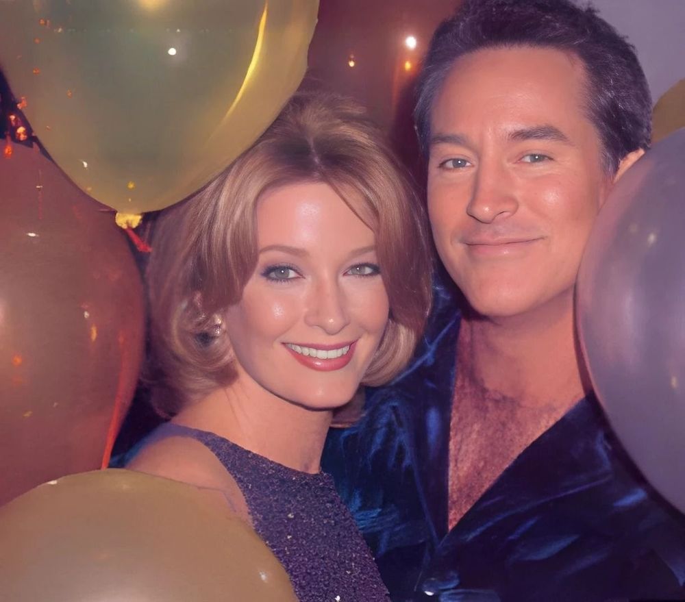A professionally shot 2002 portrait of Deidre Hall and Drake Hogestyn, best known for their roles as Marlena Evans and John Black on Days of Our Lives. Deidre wears a sparkly sleeveless purple top, and her shoulder-length blonde hair is softly layered. Drake wears a blue satin shirt and has short dark hair. They are standing close together, smiling gently at the camera, surrounded by colorful balloons. The festive background suggests a celebratory event, likely the Last Blast Dance storyline where their characters chaperoned their daughter Belle. The emotional tone is warm and nostalgic, capturing the glamour and legacy of two beloved soap icons in a moment of joyful intimacy.
