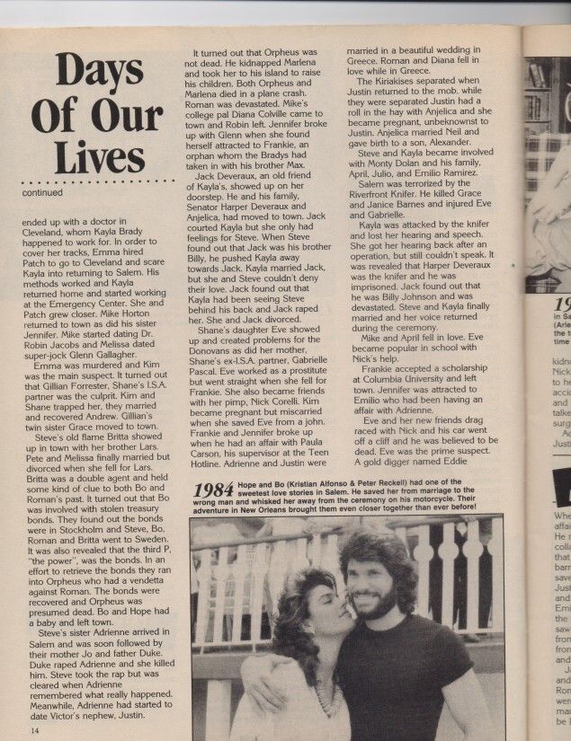 Black-and-white photo of Kristian Alfonso (Hope) and Peter Reckell (Bo) in the bottom right corner of a magazine page. Both wear 1980s-style outfits—Hope in a soft blouse, Bo in a rugged jacket—standing close with romantic intensity. Their expressions are tender yet adventurous, evoking the iconic New Orleans storyline. The page layout includes dramatic text recounting plot twists involving Orpheus, Marlena, and Roman. Emotional tone: nostalgic and romantic. Legacy context: Alfonso and Reckell are soap icons known for redefining daytime romance