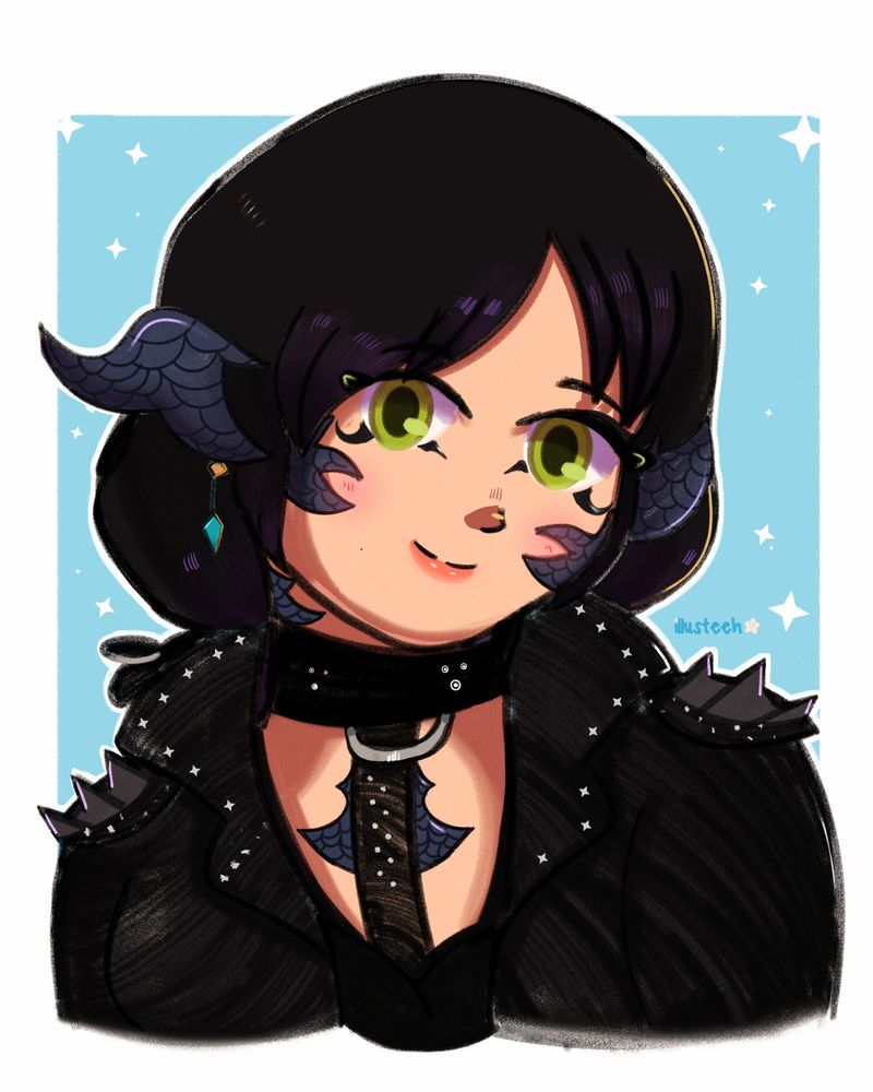 Ilustração de uma personagem da raça Au'Ra, do mmorpg Final Fantasy XIV 