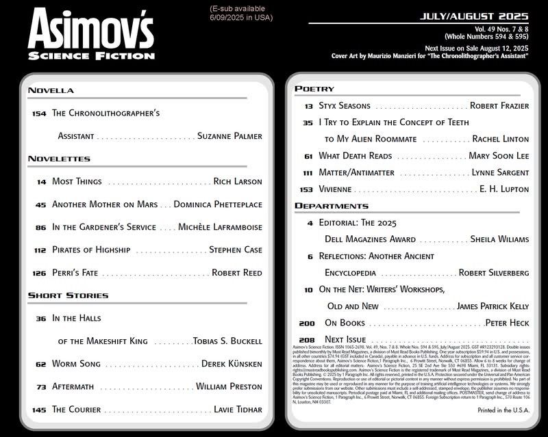 Table of Contents for the July–August issue of Asimov's Science Fiction.