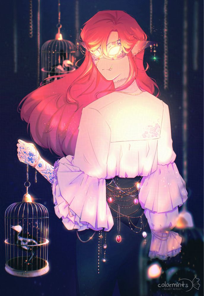 a digital illustration of an anime boy version of youtuber technoblade. he is standing, looking over his shoulder to the viewer. with an arm possibly made from ivory covered in blue markings he is holding a golden bird cage in which is a white bird skelleton surrounded by a black smokey silhouette. two more cages like this with different animals can be seen in the fore- and background. techno is wearing a white shirt with wide ruffled sleeves, a black corset that is wrapped with many many jewelry chains that adorn his waist and reflect the lighting. he is also wearing a white mask with blue markings similar to a white-blue porcelain plate. the mask and his face, tusk and ears have golden markings like when a broken plate is repaired with gold. his eyes aren't really vible as they just glow a bright golden-white color. his ears are pointy, fade to black at their tips and are adorned with more golden jewelry including a sparkling green emerald. his pink hair is waist length and open behind his body. in the backgroun are chains hanging from above. techno's body is brightly lit and his body practically glowing. at the same time the background is a very dark blue making it look a bit like he's solely illuminated in a dark room.