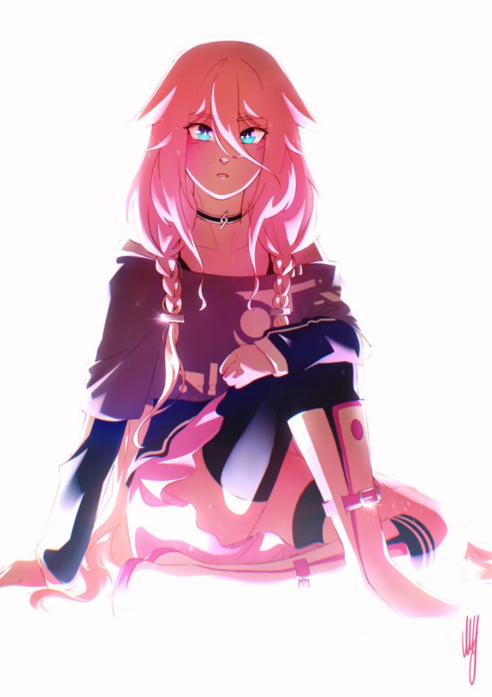 digital drawing of the vocaloid IA sitting on a bright white floor that illuminates her from below.