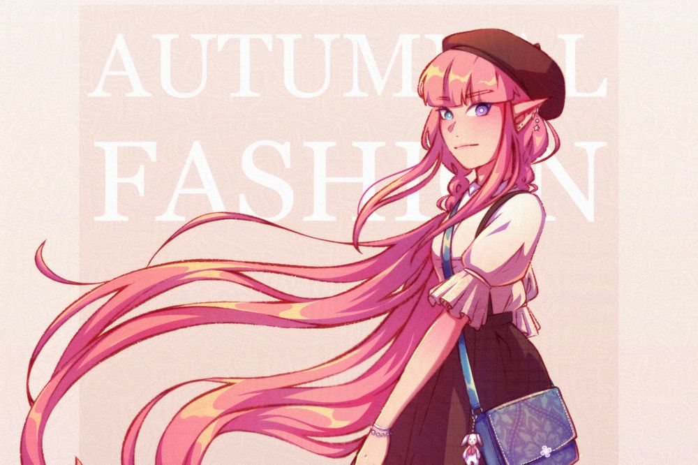 part of a digital fullbody drawing of my oc kei standing sideways to the viewer, looking at them. the piece looks a bit like a magazine cover. her pink hair is flowing in the wind to the left and her long brown skirt follows the direction as well. she wears a white shirt and blue, brown, white sneakers with pink accents as well as a brown beret. a blue bag is hanging at her side, adorned with a small plush bunny keychain. kei is smiling softly at the viewer. behind her, on a brownish-pink background, are the word "autumnal fashion" and further below "with kei by colormints" written in a white font.
