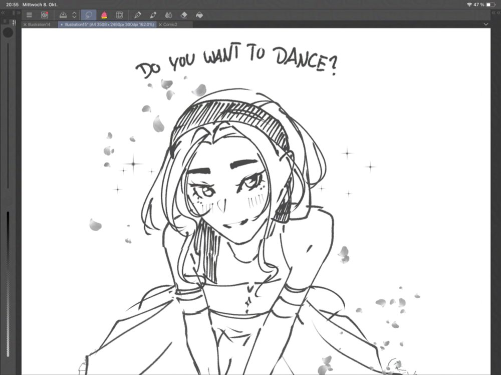 a sketch of my oc felian looking at the viewer with somewhat shy and expectant smile. above him it says 'do you want to dance?'