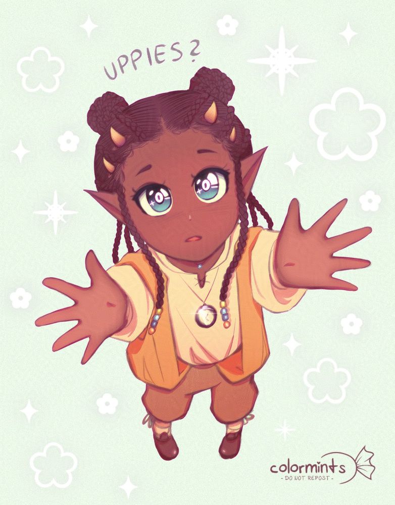a kinda low resolution drawing of my oc raine, a little girl with large sparkly blue eyes, wearing yellow/orange clothes holding up her arms at the viewer and going "uppies?" her dark hair is in braids with two of them framing her face and ending in colorful beads. her braids are also partially pulled into space buns. she has pointy ears and 4 small yellowish horns. the background is a light green with simple flower, heart and sparkle shapes.
