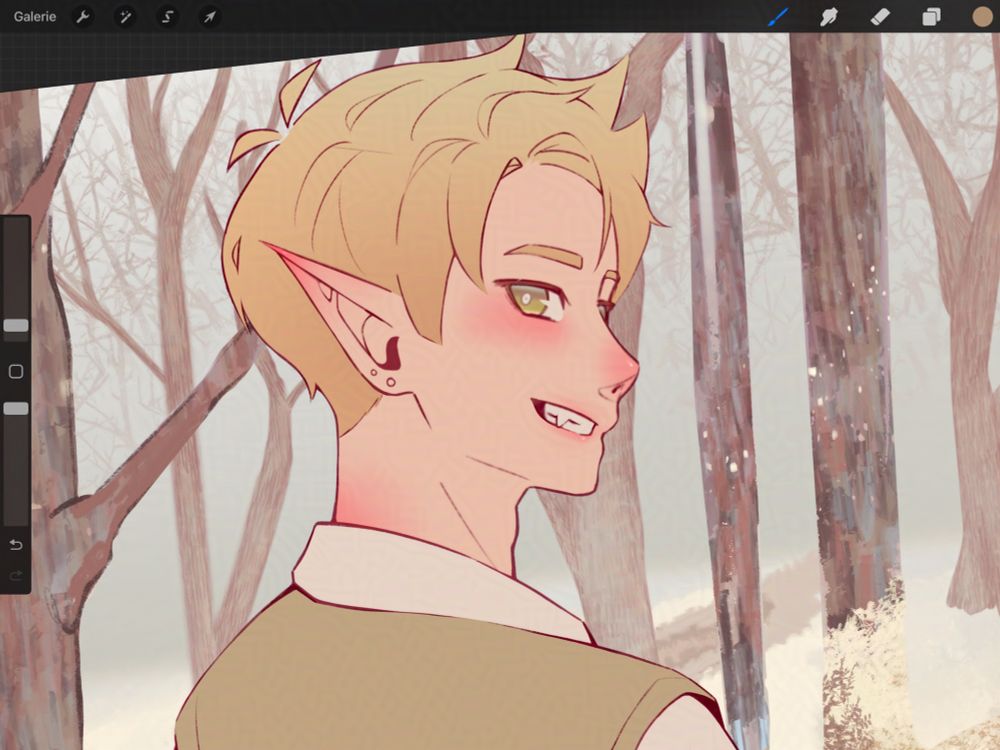 work in progress drawing of my oc koya smiling over his shoulder at the viewer while standing in a snowy forest.