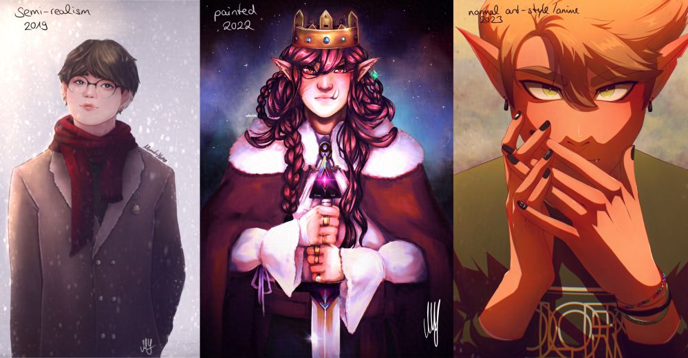 3 art pieces by me. the left one is a vaguely semi-realistic drawing of a young man with brown hair, glasses and a red scarf in a brown jacket standing in the snow. the drawing in the middle is a kind of royal portrait painted style showing a young man with pink hair, a crown anf a red cape holding a heavy sword in front of him. the last drawing is of my oc koya in my normal style similar to an anime art style with his hands in front of his face. he has blond hair, piercing green eyes and a green shirt.