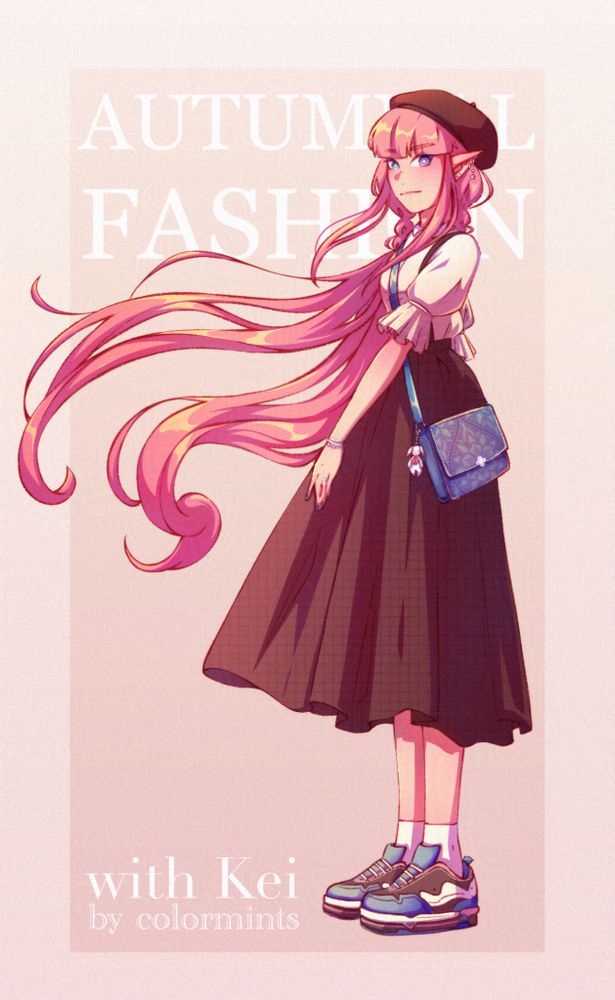 a digital fullbody drawing of my oc kei standing sideways to the viewer, looking at them. the piece looks a bit like a magazine cover. her pink hair is flowing in the wind to the left and her long brown skirt follows the direction as well. she wears a white shirt and blue, brown, white sneakers with pink accents as well as a brown beret. a blue bag is hanging at her side, adorned with a small plush bunny keychain. kei is smiling softly at the viewer. behind her, on a brownish-pink background, are the word "autumnal fashion" and further below "with kei by colormints" written in a white font.