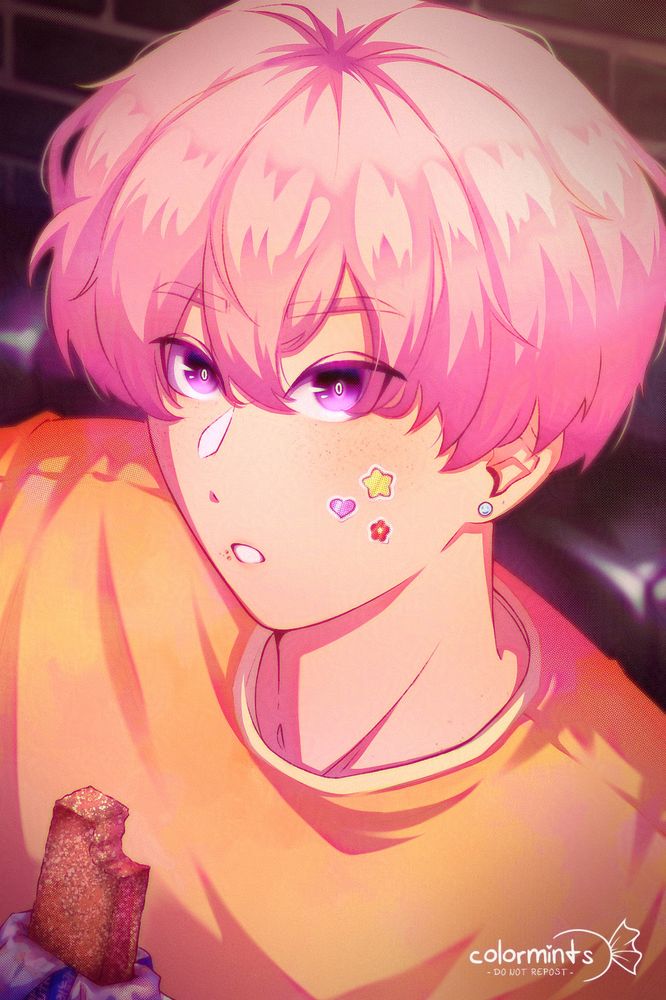 headshot/bust drawing of my oc niko sitting on a black sofa looking up at the person taking the "photo". he has soft pink hair and purple eyes while wearing a yellow shirt. he has just bitten into a granola bar and has crumbs in the corner of his mouth. he has freckles and three stickers in the form of a stars, heart and flower on his cheek.