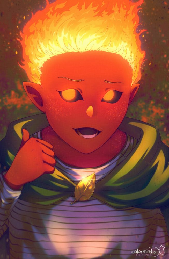 an illustrated portrait of eicaxy.bsky.social 's dnd oc terry, a young genasi with red skin with freckles, brightly glowing flaming hair, short pointy ears, and dragonic orange eyes. he is smiling at the viewer as he points behind himself with his thumb. he is wearing a green cloak with a golden-brown leaf brooch over a grayish shirt with thin black stripes.