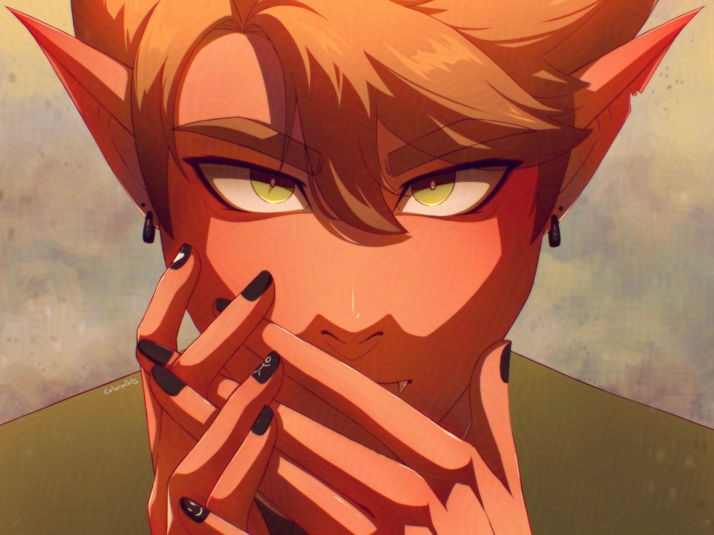 part of a digital headshot drawing of my oc koya intensely staring right at the viewer with piercing green eyes and hands with black nail polish covering his mouth. he is blond and wears a green shirt. black jewelry is hanging from his pointy ears. the lighting comes quite dramatically from above. the image has an overall orange tint to it.