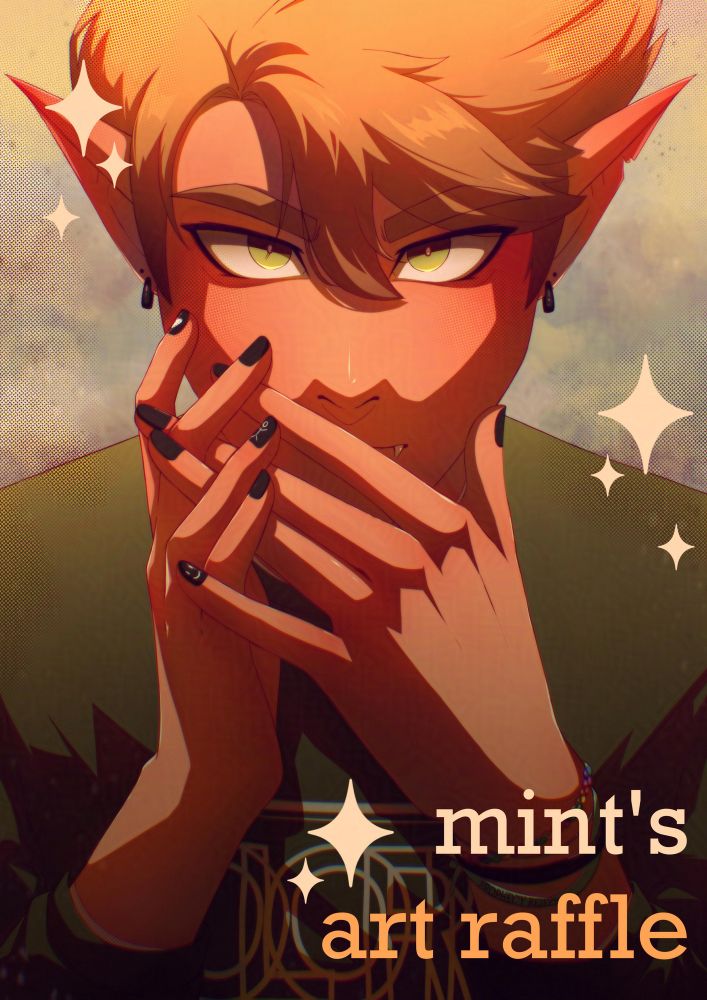 headshot drawing of my oc koya looking intensely at the viewer with his hands covering the lower part of his face. he has green eyes, blond hair, pointy ears, and wears black jewelry and nail polish as well as a green shirt. at the bottom of the drawing it says: mint's art raffle. the drawing is covered with some sparkle stamps.