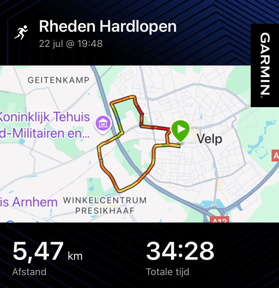 plattegrond van hardlooprondje van bijna 5,5 kilometer in velp, rozendaal en arnhem.