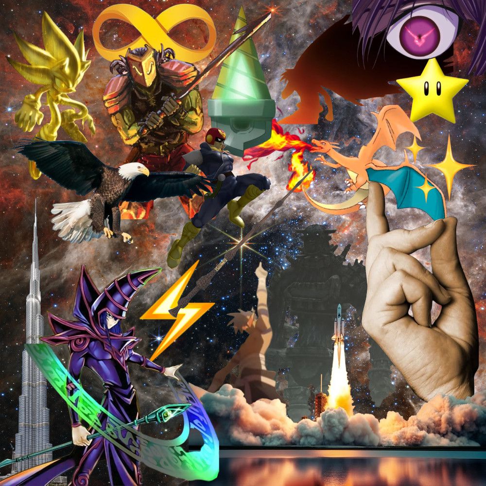empowerment collage we got the burj kalifa dark magician zap emoji rocket launch kamina twice bald eagle knee of justice super sonic ironclad loop finger snap starman elder wand charizard and geass all on a space background ya feel me?