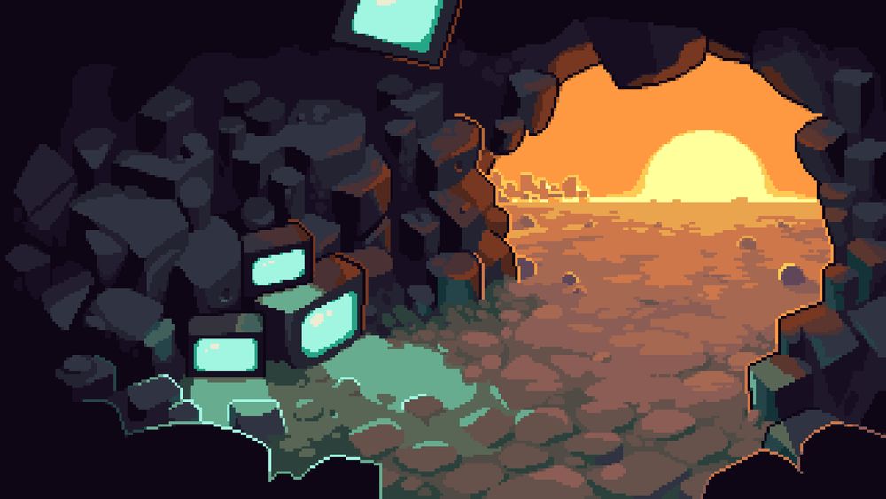 The inside of a cave light up by the blue lights of TV screens, outside is a orange hued wasteland 
What did the artist mean by that, is it a newest take on Plato's cave. No one knows 