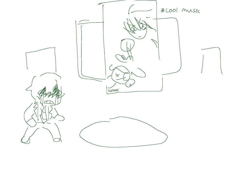 doodle. c-ta is doing that one gacha life pose with his face in shadow unhappily crying. on the react room screen is a poorly overlaid tiktok of a-ya stabbing the plush. there’s cool music