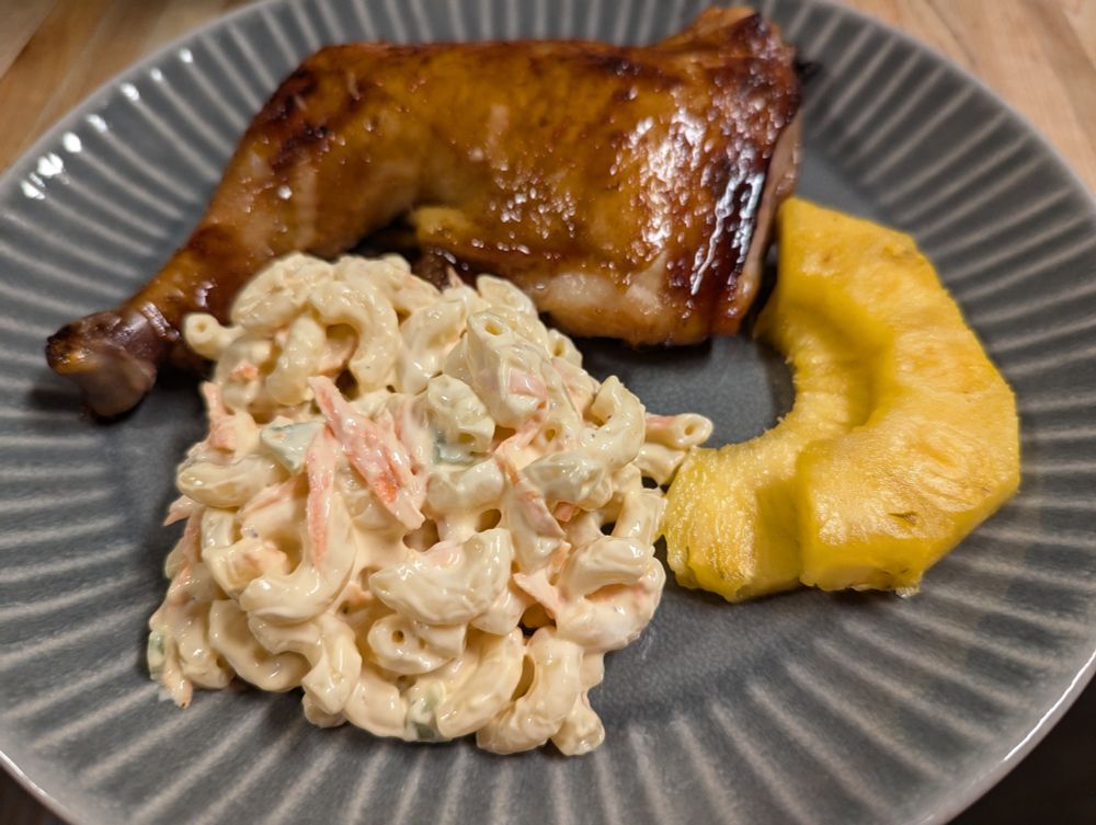 teriyaki chicken, mac salad, pineapple 