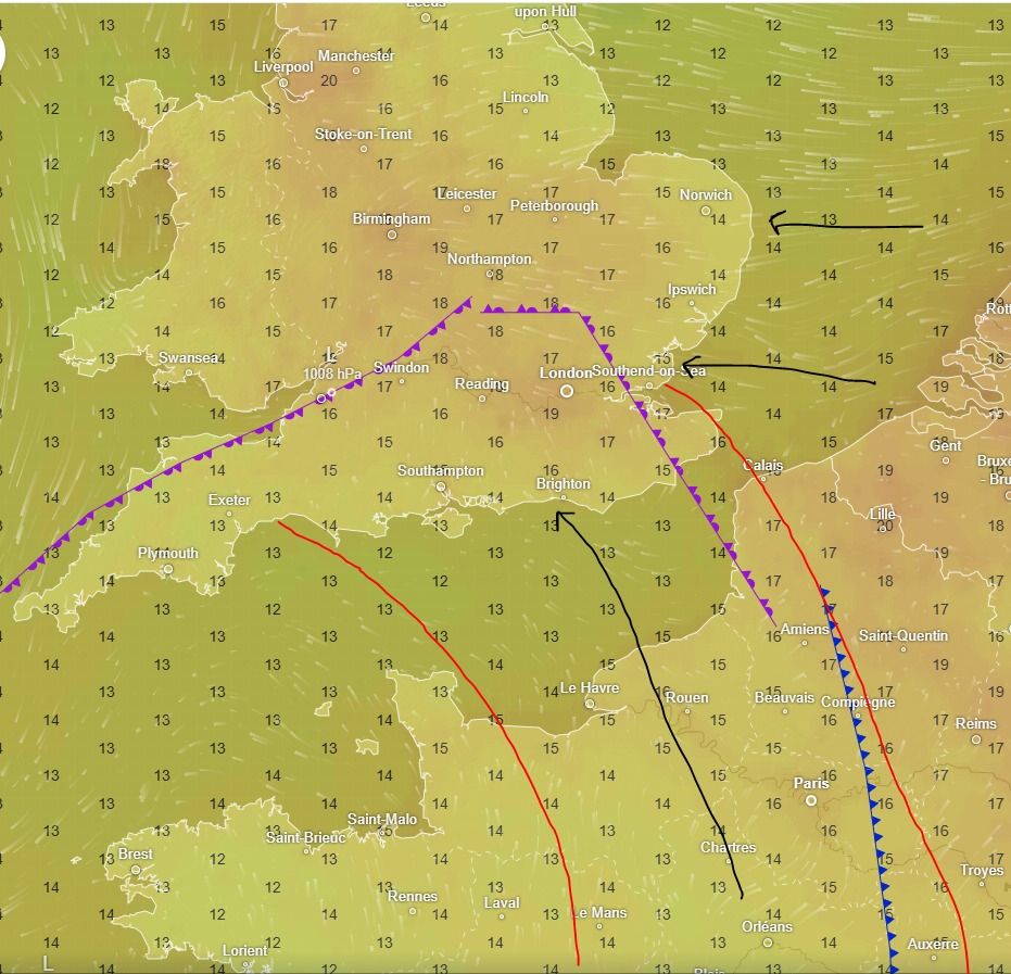 Migrant activity most likely between the red lines, although something could turn up further west or east, particularly near Continental dispersal to South-east/Eastern England.