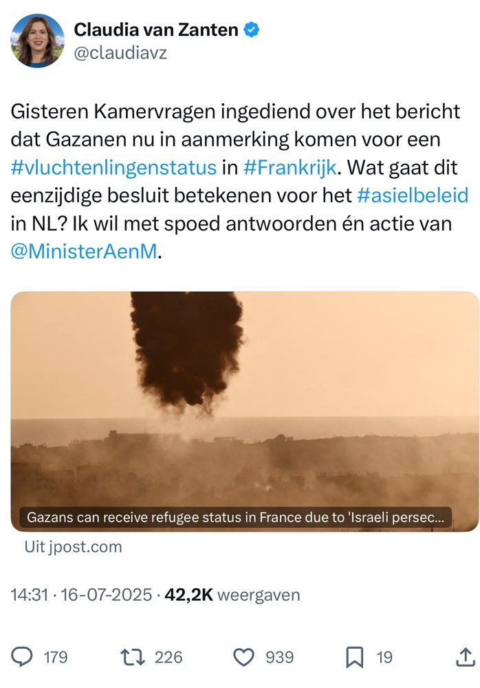 BBB kamerlid Clauda van Zanten tweet:
Gisteren Kamervragen ingediend over het bericht dat Gazanen nu in aanmerking komen voor een #vluchtenlingenstatus in #Frankrijk. Wat gaat dit eenzijdige besluit betekenen voor het #asielbeleid
in NL? Ik wil met spoed antwoorden én actie van @MinisterAenM.
