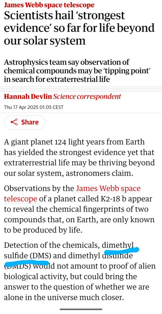 Article about evidence for extraterrestrial life