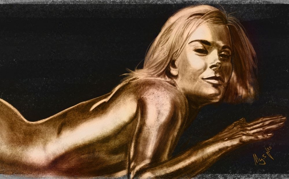 Colorful sketch of Shirley Eaton upper half body, lying horizontally on belly, covered in golden full body paint, smiling lighty and looking toward viewer, medium long hairs falling freely on sides. Backround is black.