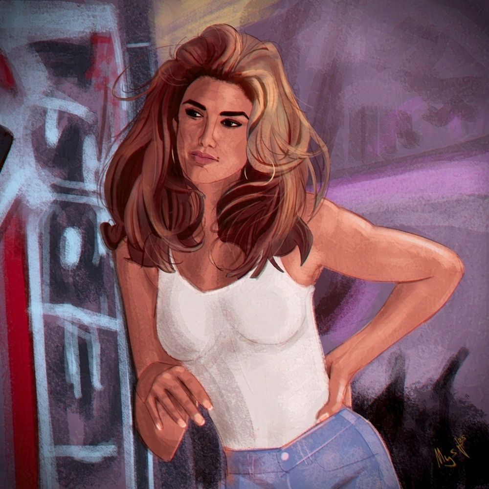 Color stylised sketch of woman with long brown hair leaning on vending machine. Right hand is in front of her slightly raised and other in akimbo pose. She's wearing white armless shirt and blue jeans. Background is in lila and violet tones.