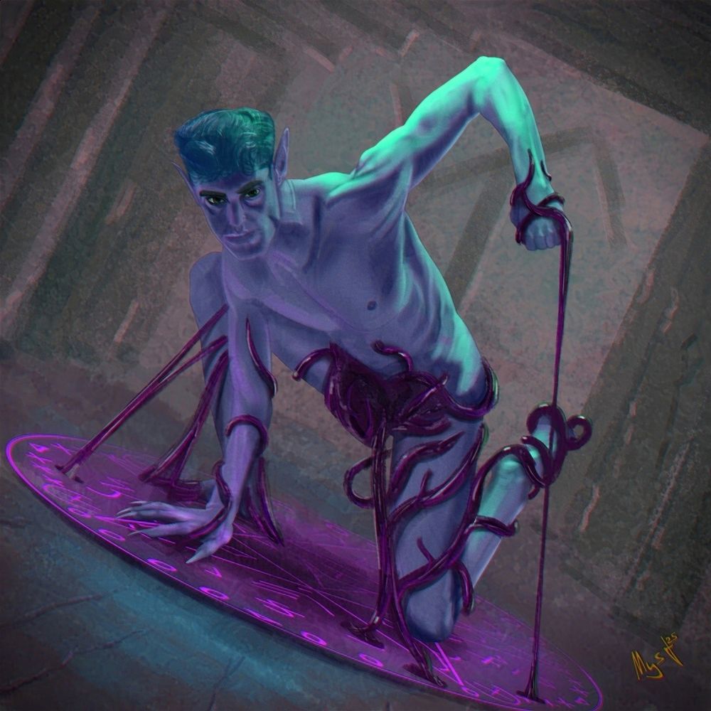 Tilted color sketch of male humanoid kneeling and trying to get up by breaking the restrains coming from ancient rune bonding him to the ground. His skin is blue and the green light is shining from above. He got flamboyant hair, pointy big ears, long fingernails. His body is covered with slime like violet tentacles. Under him there is large circle covered with runes and symbols. All this is located in some strange carved rock structure.