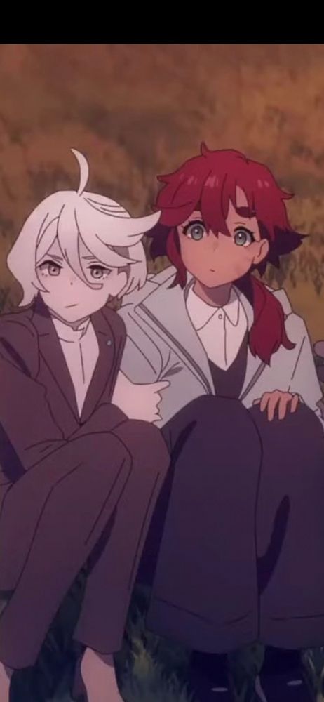 miorine and suletta from mobile suit gundam witch from mercury. miorine has an iron grip on suletta's arm 