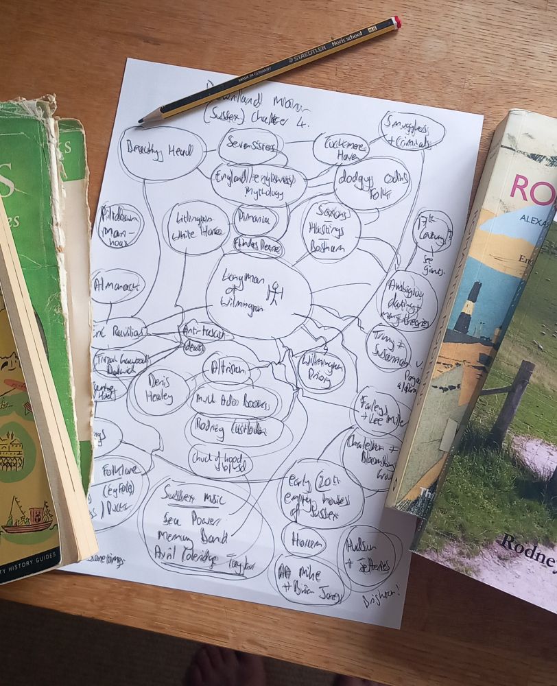 A photograph of a messy scrawl of writing, purporting to be a plan for a chapter about Sussex for the book I am writing. 