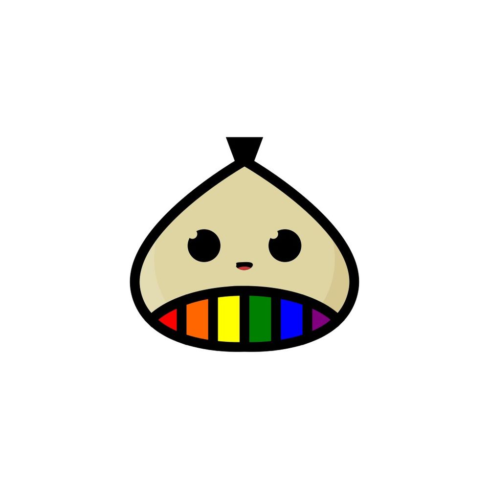A steamed bun with an adorable face sitting in a rainbow wrapper.