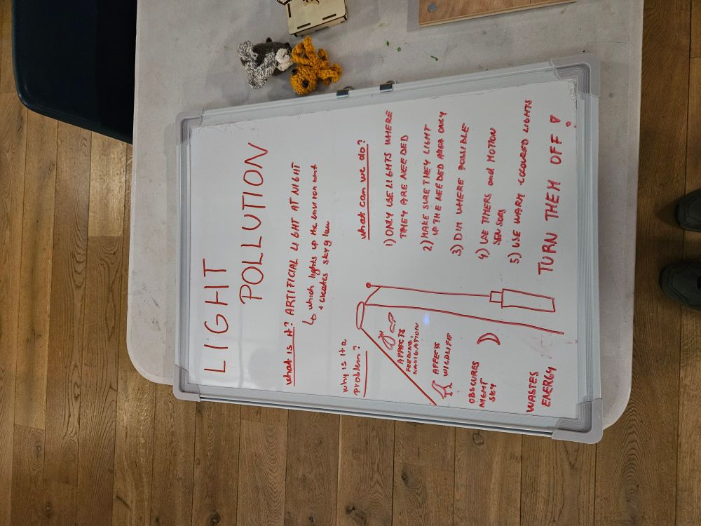 White board describing why light pollution is an issue (it lights up thr environment and affects everything within it+affects our ability to see dark skies), and what we can do about it!