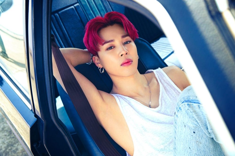 Red hair Jimin in a white tank top, in a car, with a smoldering gaze