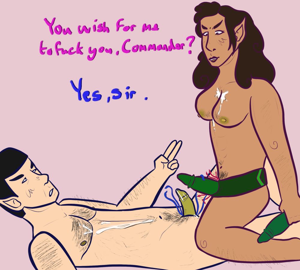Spock laying on the ground, The female Romulan commander is kneeling over him. The commander has a green strap on Vulcan dick and some of her pinkish fra als are peeking out and tangling with Spocks, she is smirking and her hair is let down and her chest is covered in cum, she is holding another bigger green dildo and pink text she is saying reads “you want me to fuck you, commander”. Both of them are naked, Spock is lying back and one arm is reach with two fingers extended to the Romulan, his dick is erect, his chest also covered in his spend and his  blue fra als thrash about. Blue text reads “yes sir”.