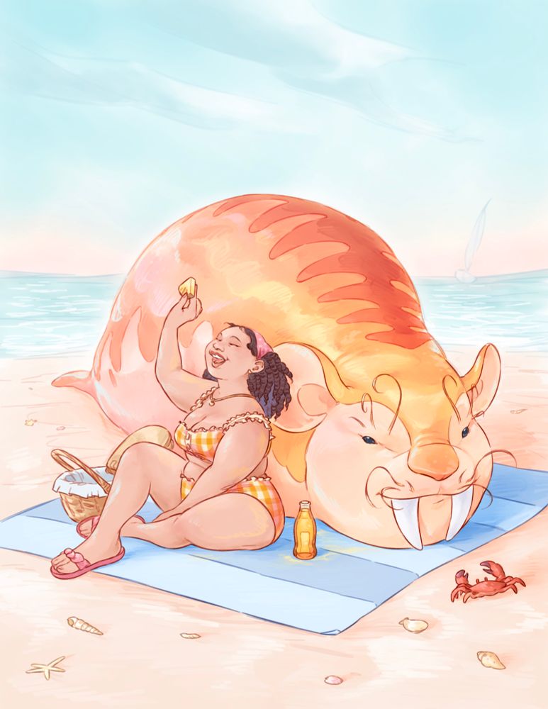 A woman in an orange, plaid bikini sits against a large, orange, seal-like creature. June is holding up a slice of pineapple and smiling. Herbert is looking at a crab. 
