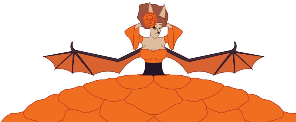 A bat girl named Hanna Petal-wing in an orange dress with an orange rose in her hair