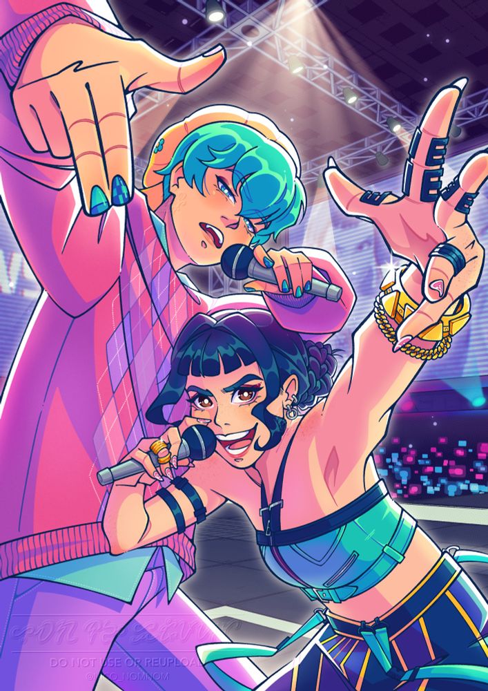 A fanart illustration of Zoey and Baby Saja from K-pop Demon Hunters.

Both characters are posed against each other with one arm stretched to the front. Baby Saja looms over Zoey as she’s ducking under so he isn’t in the way of the camera. They are both centered on a stage, about to go head-to-head in a rap battle.